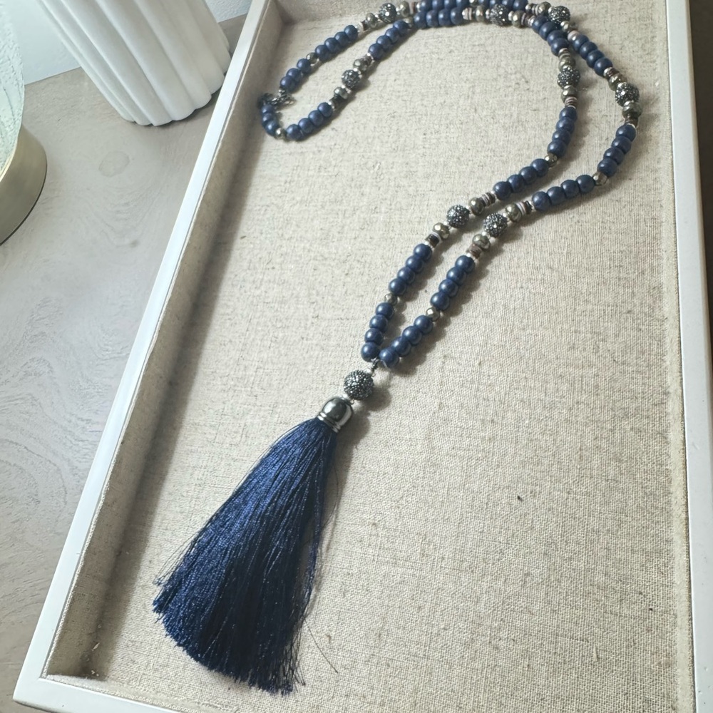 Navy Blue Beaded Tassel Necklace